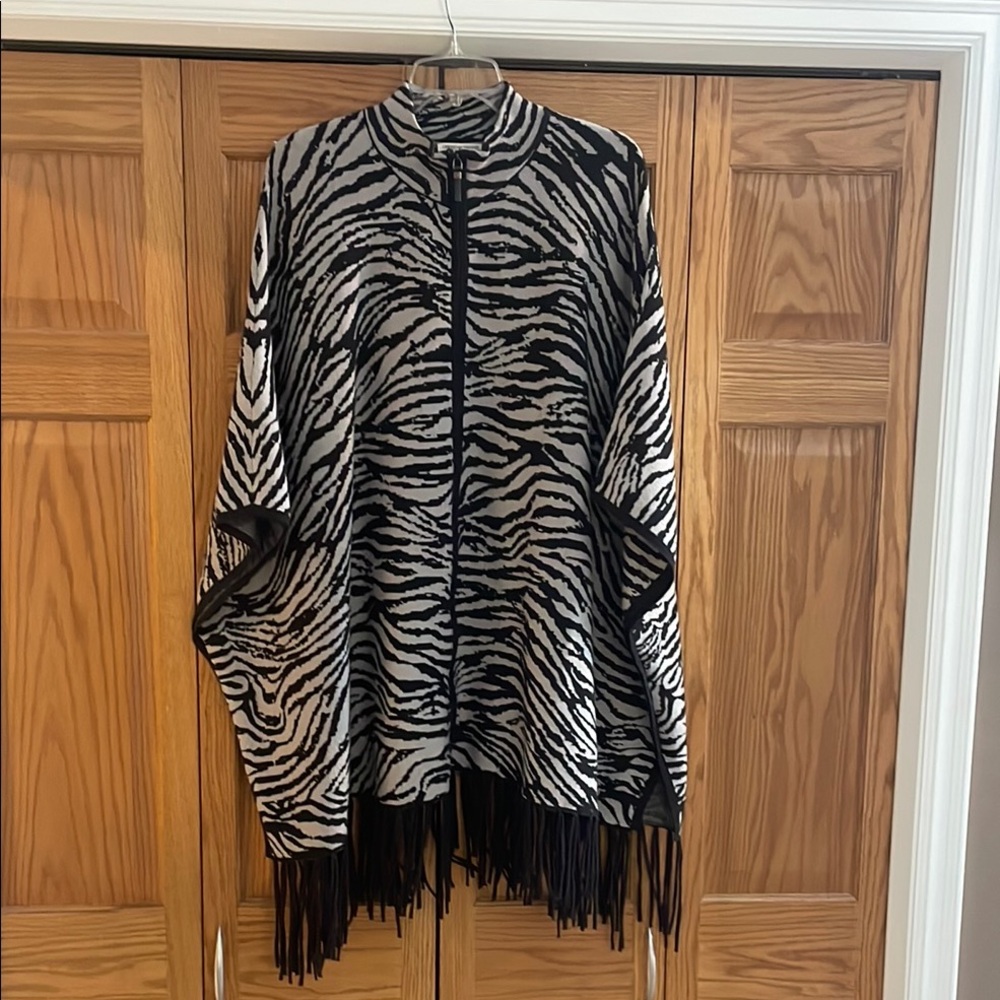 Christian Siriano Black and White Oversized Poncho with Fringe